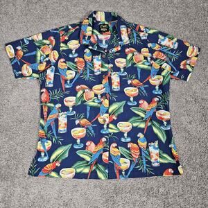 Benny's Hawaiian Shirt Womens Large Blue Parrots Margaritas Tropical Coastal